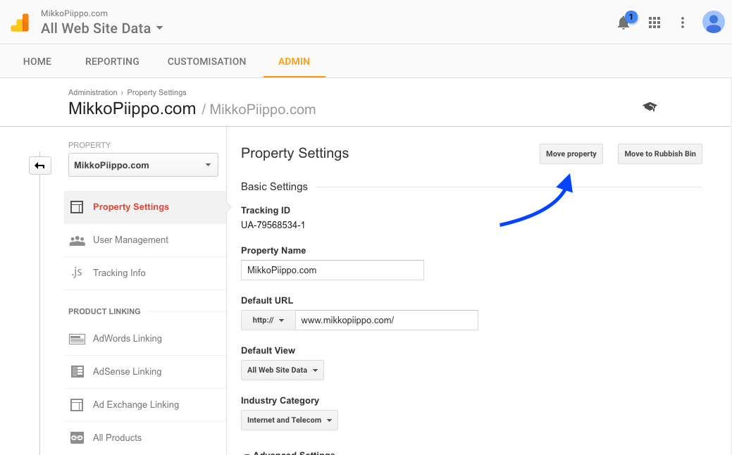 Screenshot: how to move property from one GA account to another